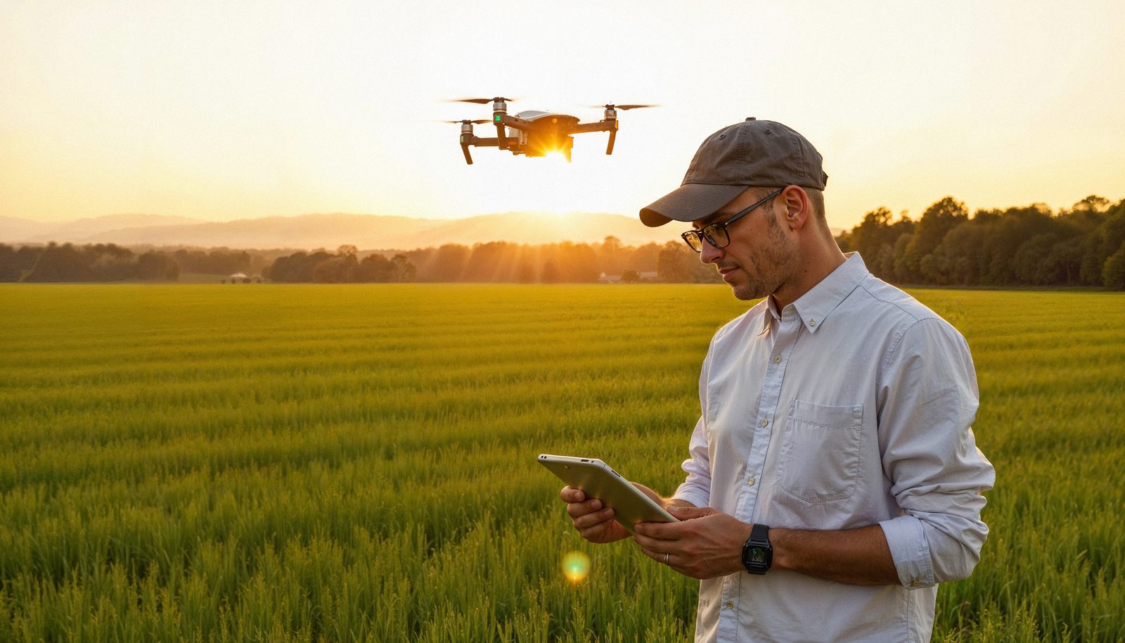 Hands holding tablet with farm data visualization